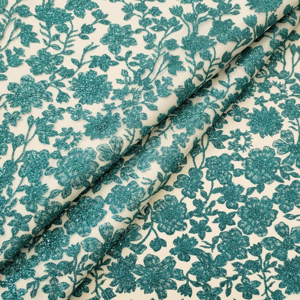 Folded Floral Green Floral Net Fabric