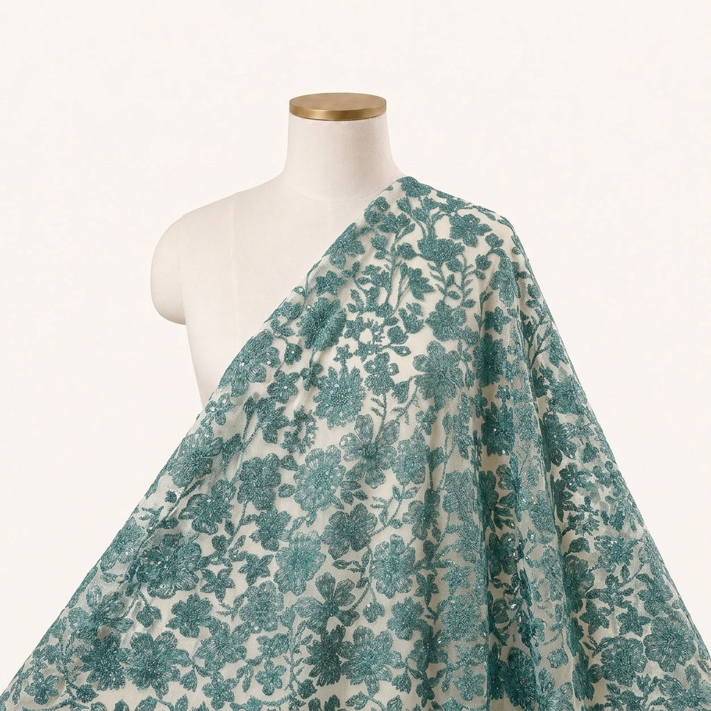 Floral Green Floral Net Fabric Draped as a saree