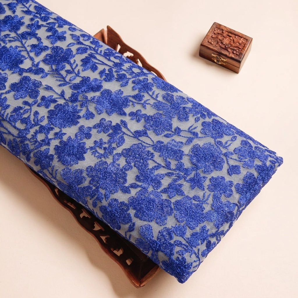 Floral Blue Floral Net Fabric on a wooden tray