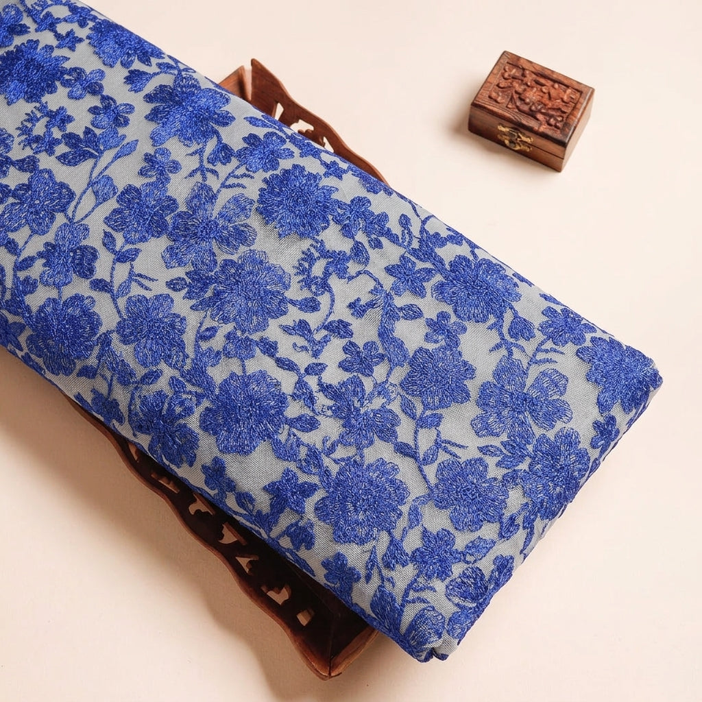 Floral Blue Floral Net Fabric on a wooden tray