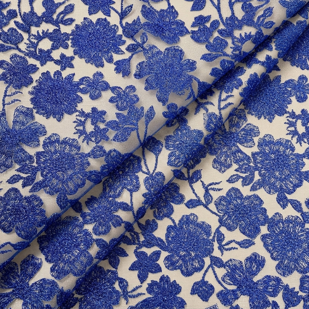 Folded Floral Blue Floral Net Fabric