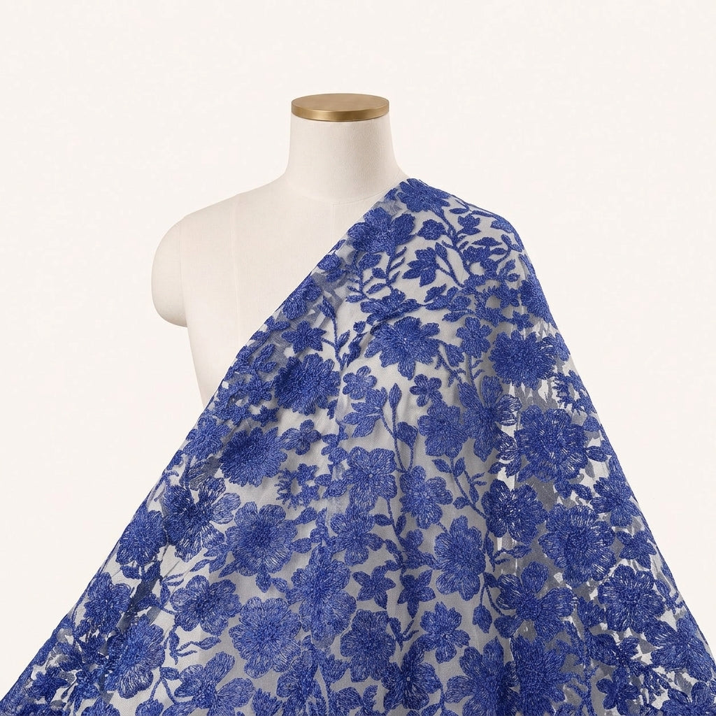 Floral Blue Floral Net Fabric Draped as a saree