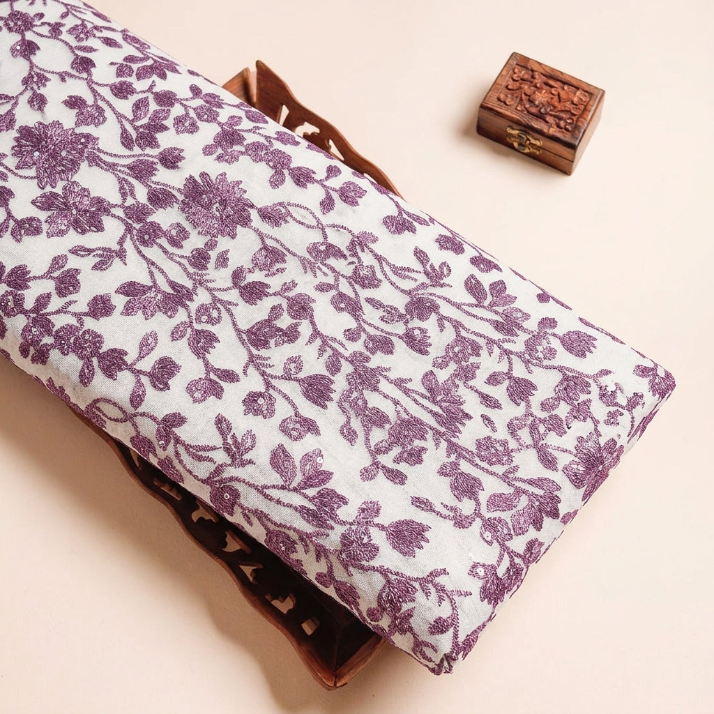 Floral Purple Floral Net Fabric on a wooden tray