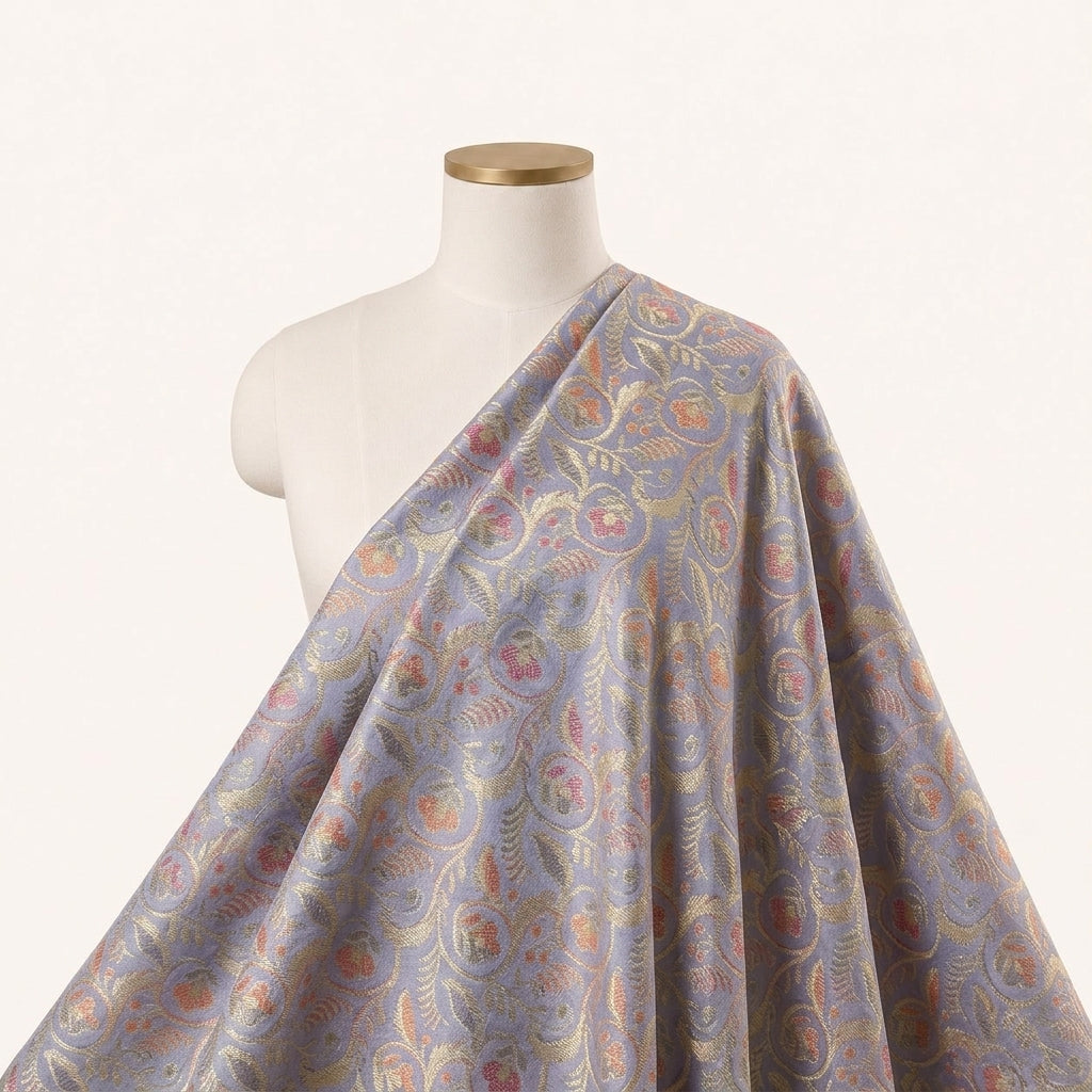 Floral Light Blue Floral Semi Banaras Fabric Draped as a saree