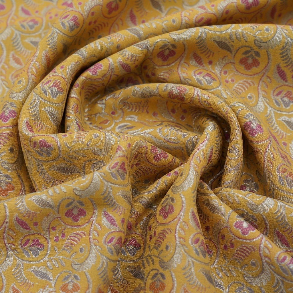 Swirled Floral Yellow Floral Semi Banaras Fabric