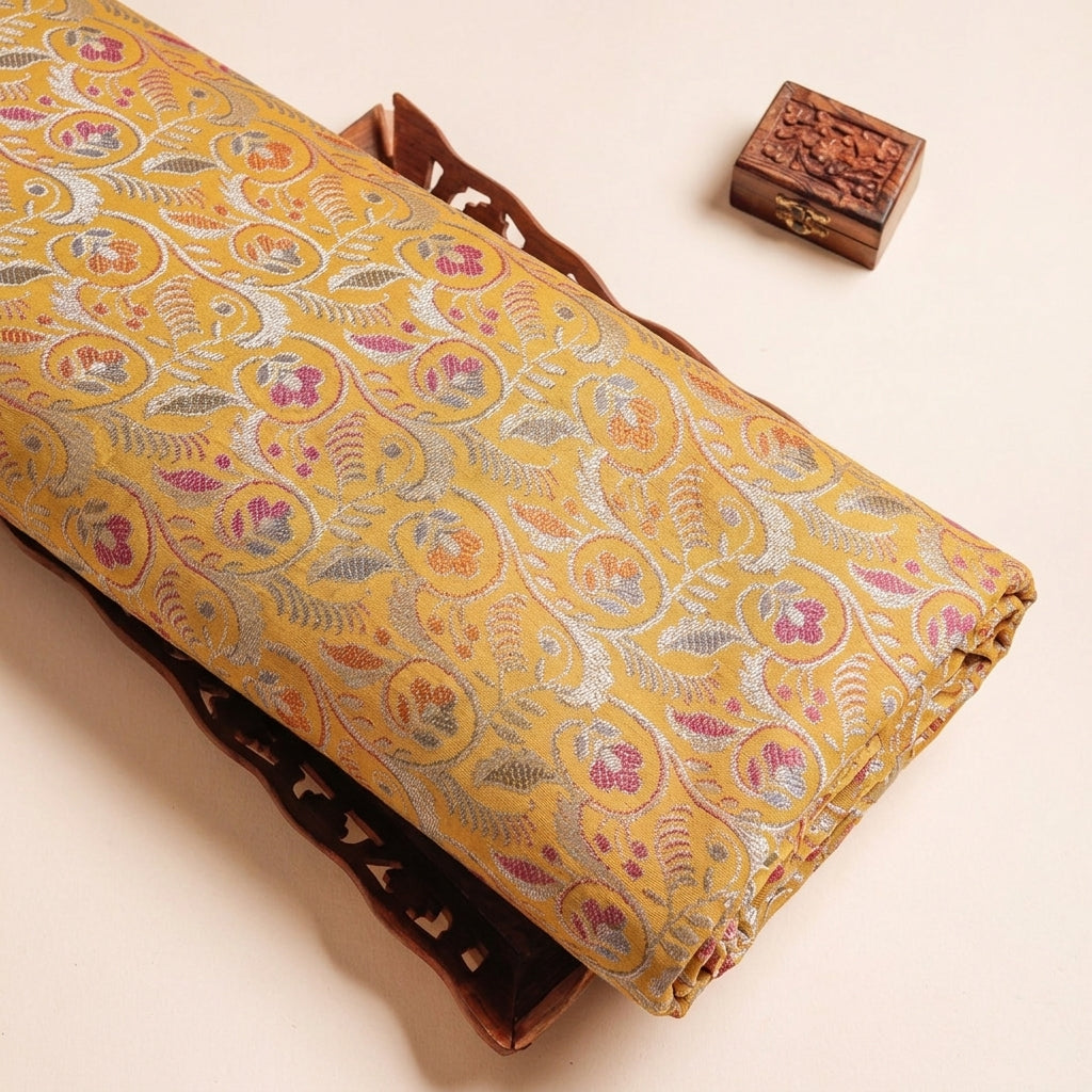 Floral Yellow Floral Semi Banaras Fabric on a wooden tray