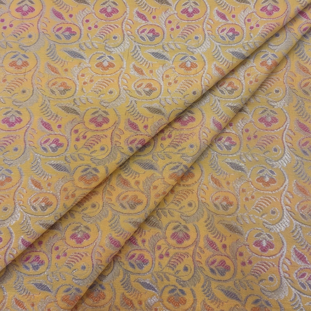 Folded Floral Yellow Floral Semi Banaras Fabric