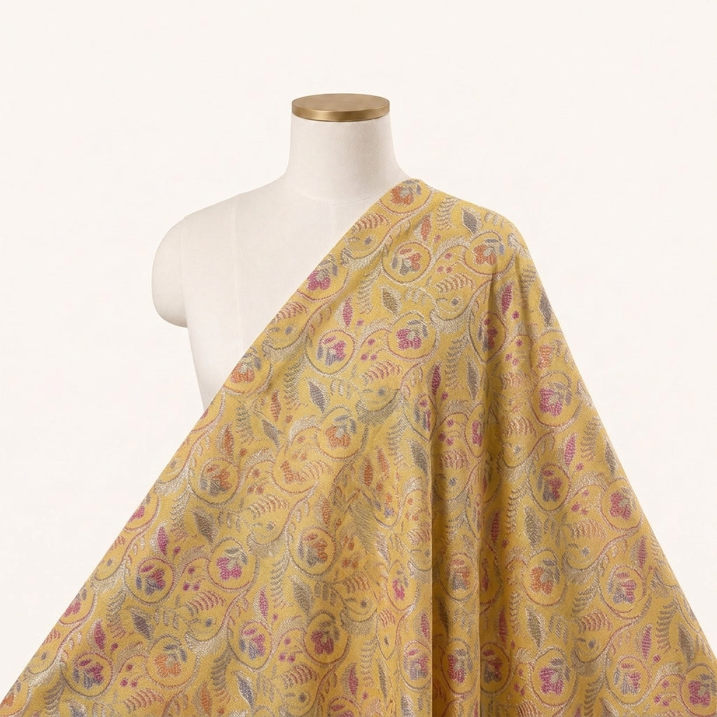 Floral Yellow Floral Semi Banaras Fabric Draped as a saree