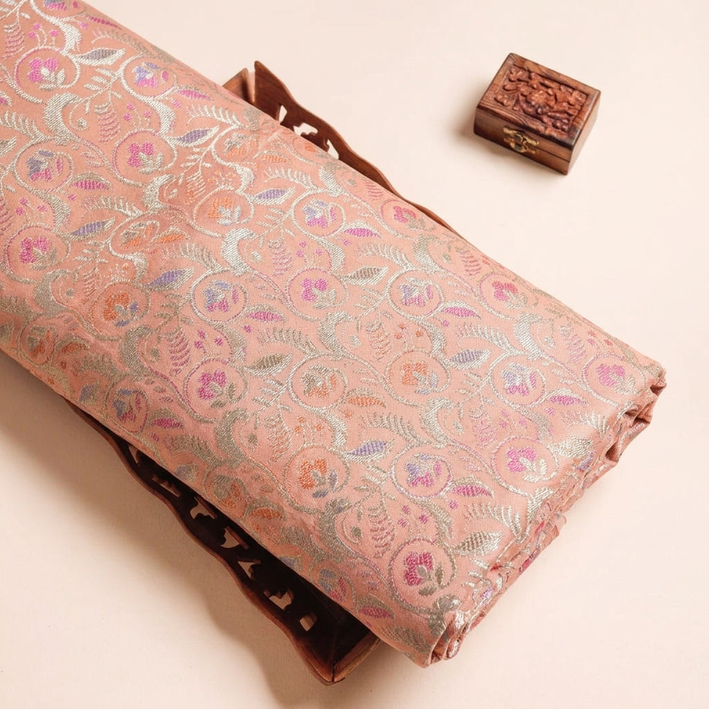 Floral Peach Floral Semi Banaras Fabric on a wooden tray
