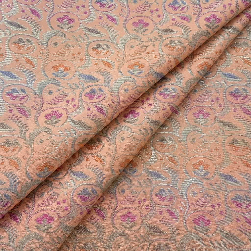 Folded Floral Peach Floral Semi Banaras Fabric