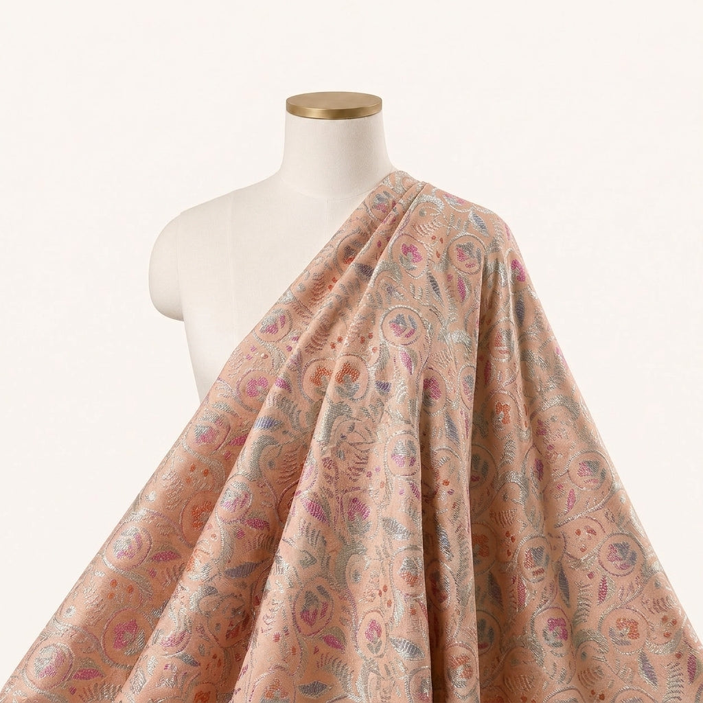 Floral Peach Floral Semi Banaras Fabric Draped as a saree