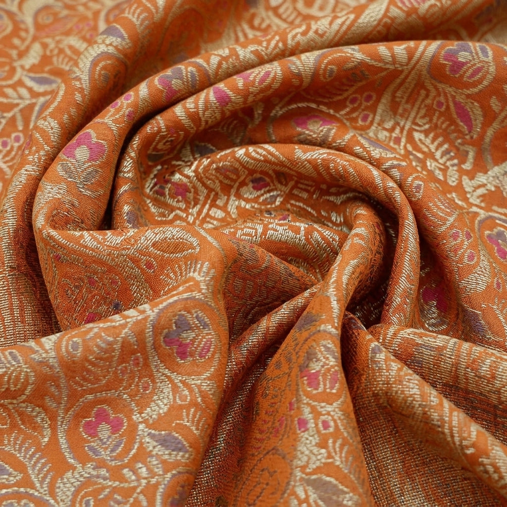Swirled Floral Orange Floral Semi Banaras Fabric