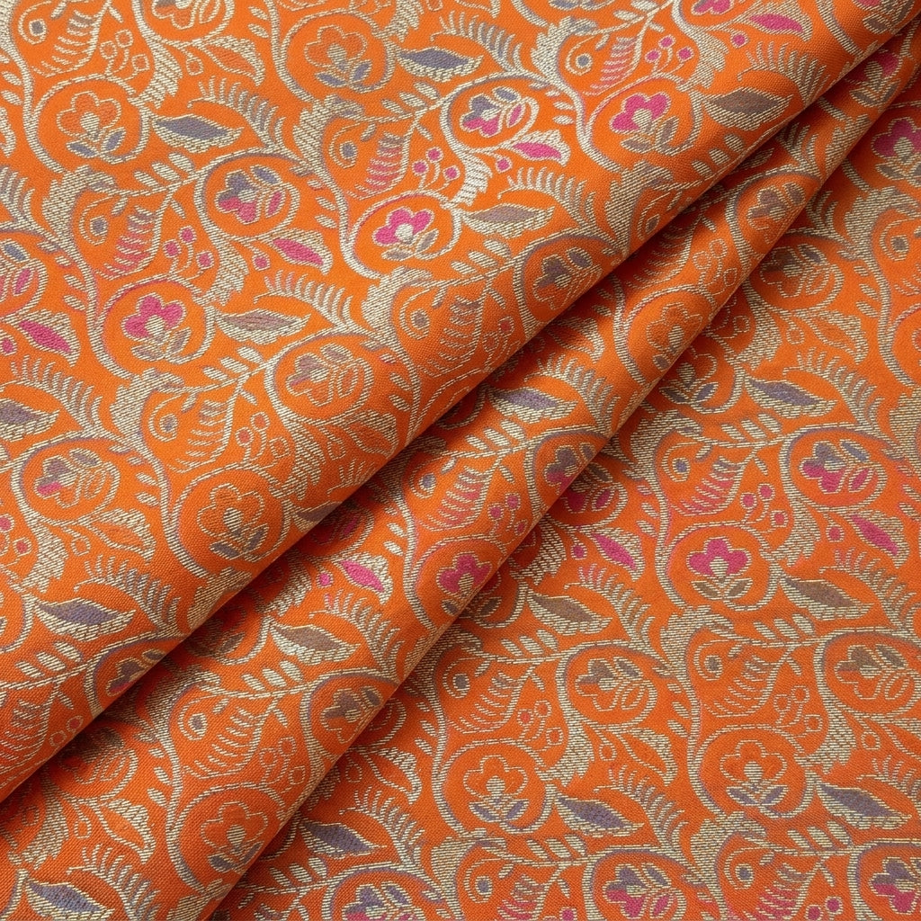 Folded Floral Orange Floral Semi Banaras Fabric