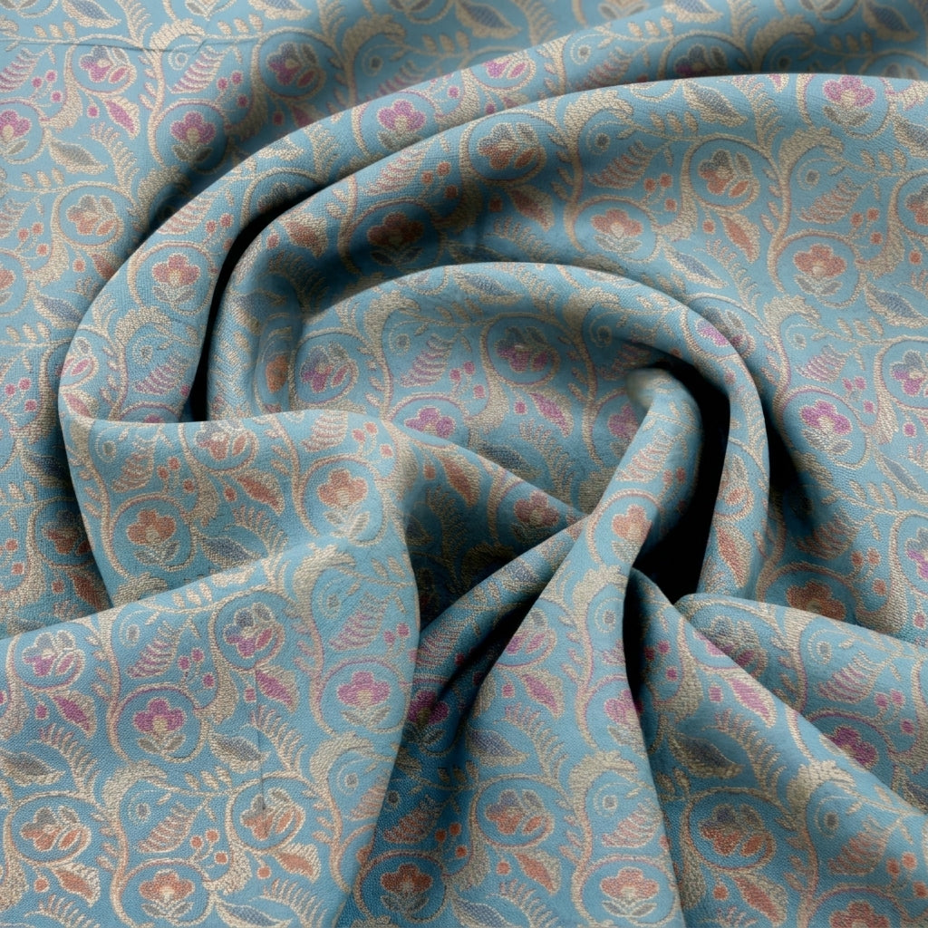 Swirled Floral Blue Floral Semi Banaras Fabric