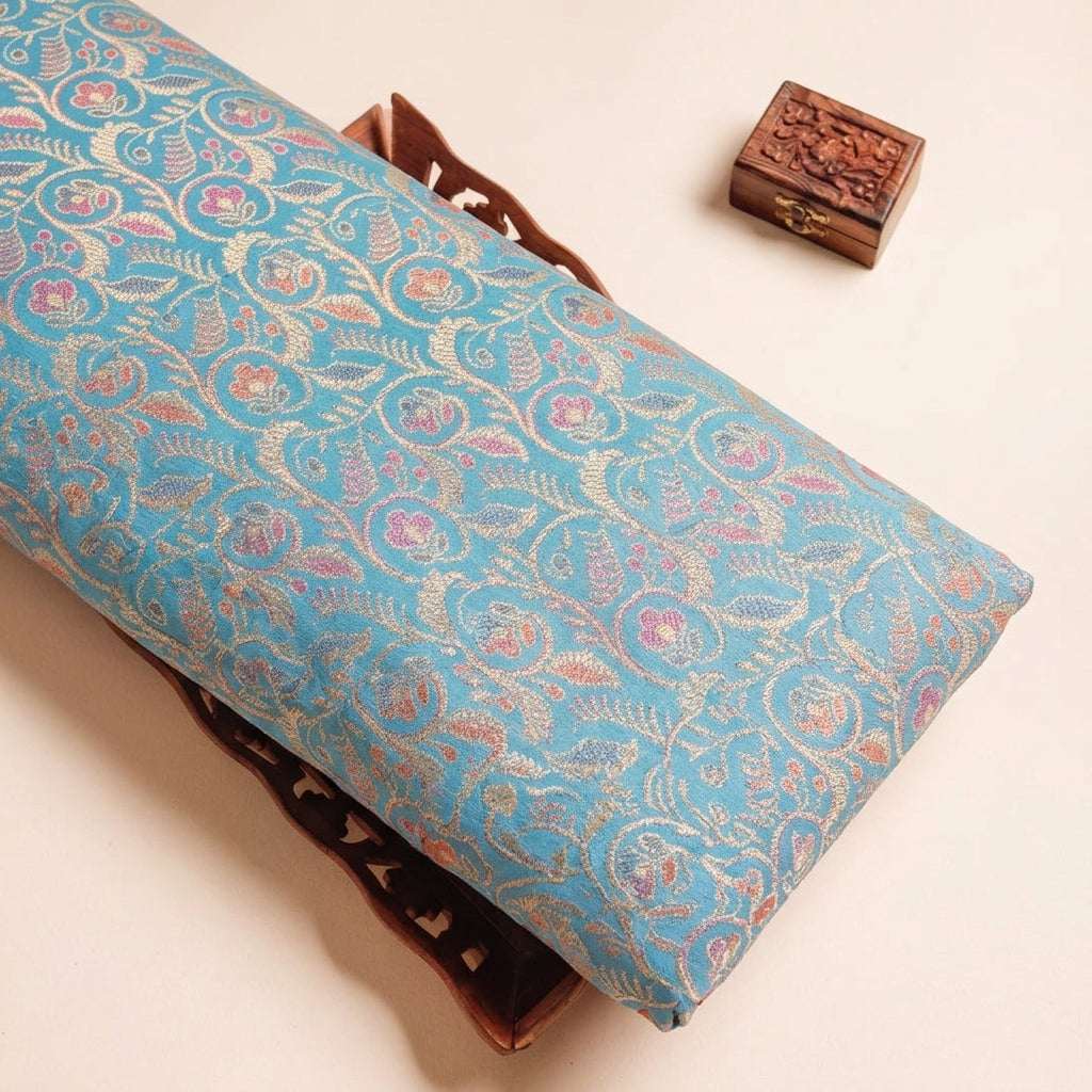 Floral Blue Floral Semi Banaras Fabric on a wooden tray