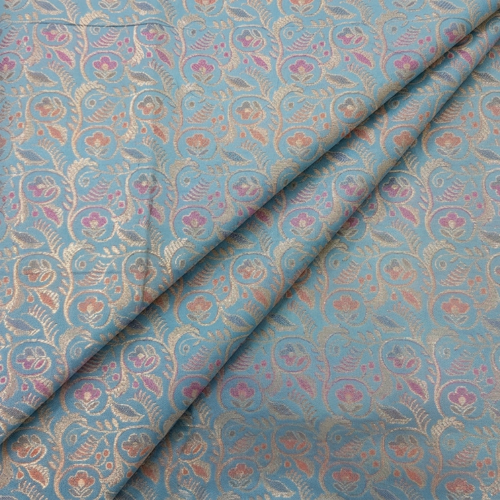 Folded Floral Blue Floral Semi Banaras Fabric