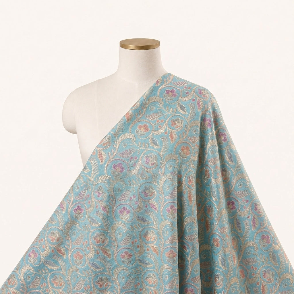 Floral Blue Floral Semi Banaras Fabric Draped as a saree