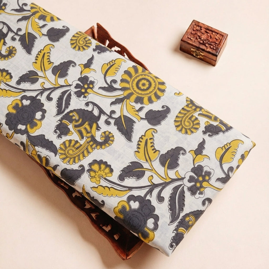 Folded Cream Ajrakh Cotton Fabric Highlighting Floral Paisley and Texture