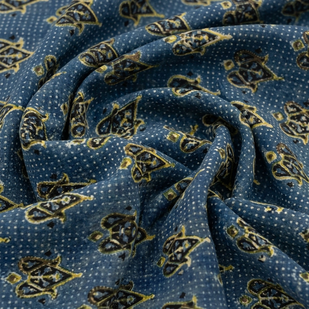 Swirled Ajrakh Blue Ajrakh Cotton Fabric