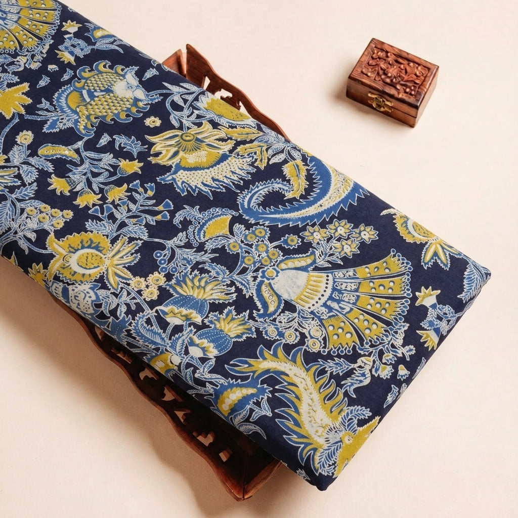 Folded Black Ajrakh Cotton Fabric Highlighting Floral Paisley and Texture