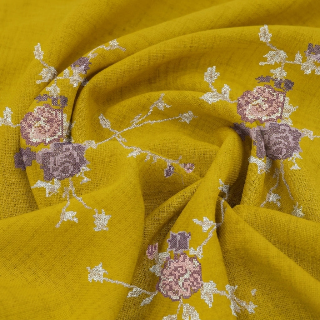 Swirled Embroidery Yellow Embroidery Crepe Fabric