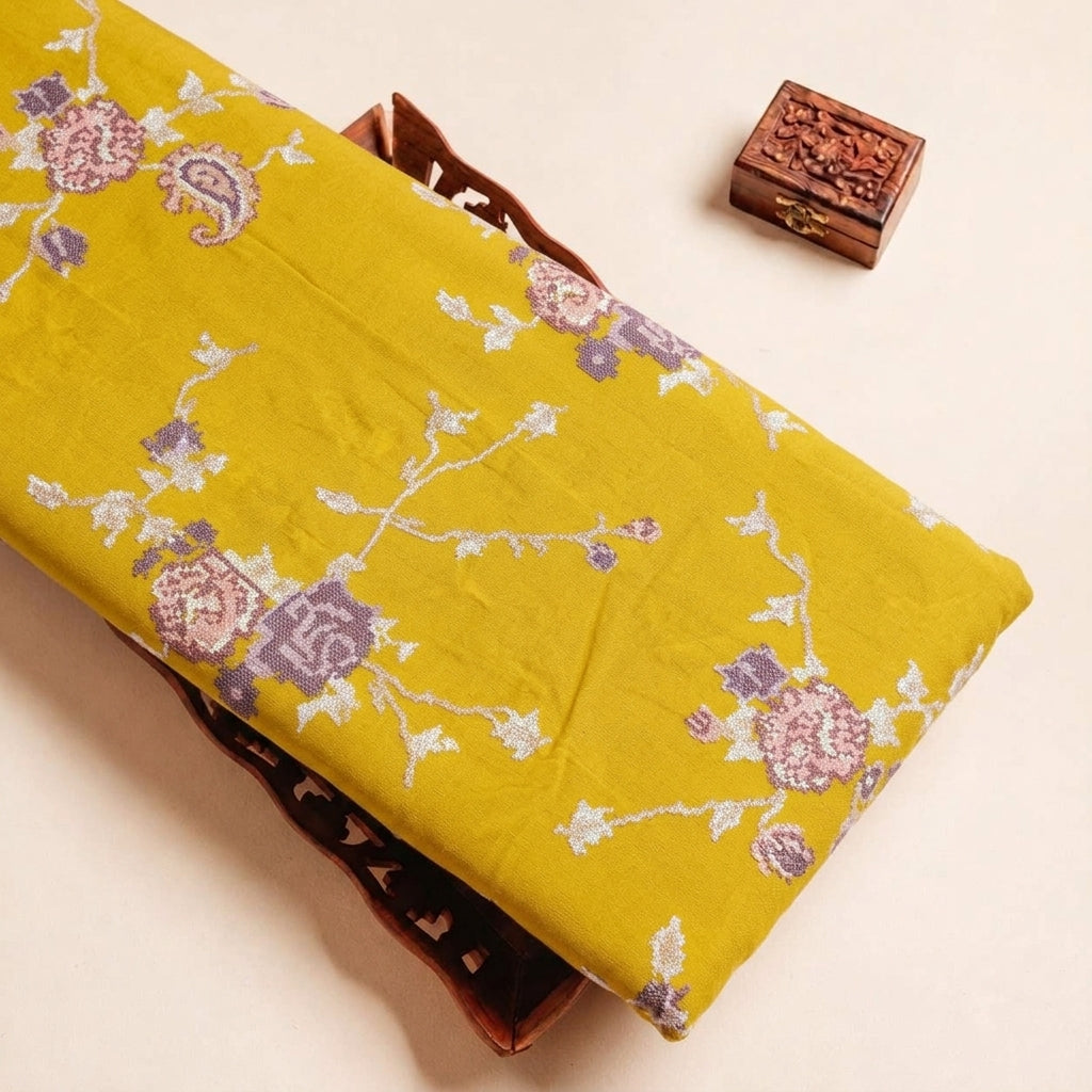 Folded Yellow Embroidery Crepe Fabric Highlighting Floral and Texture