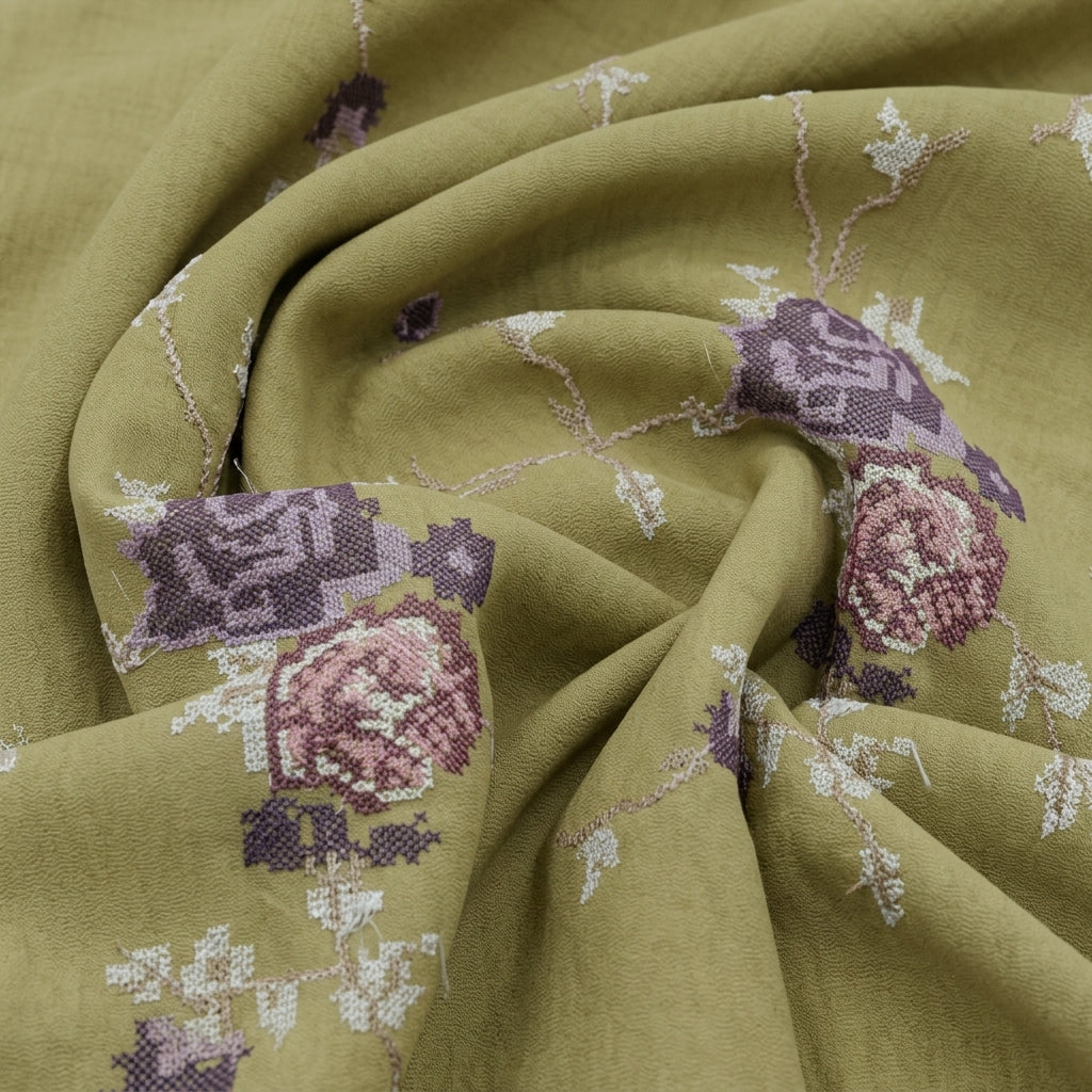 Swirled Embroidery Beige Embroidery Crepe Fabric