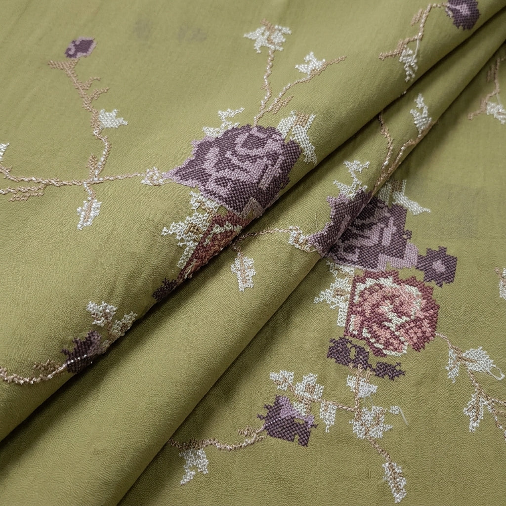 Folded Embroidery Beige Embroidery Crepe Fabric