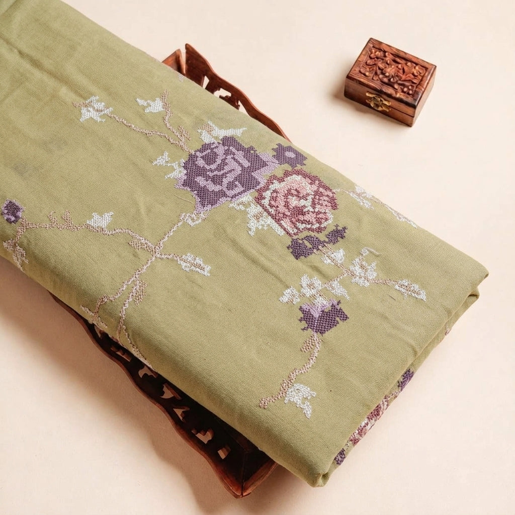 Folded Beige Embroidery Crepe Fabric Highlighting Floral and Texture