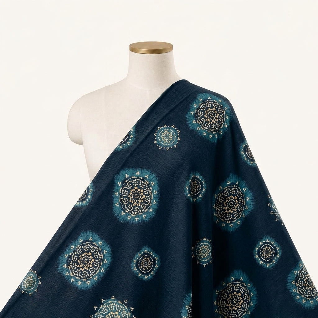 Foil Print Blue Foil Print Rayon Fabric Draped as a saree
