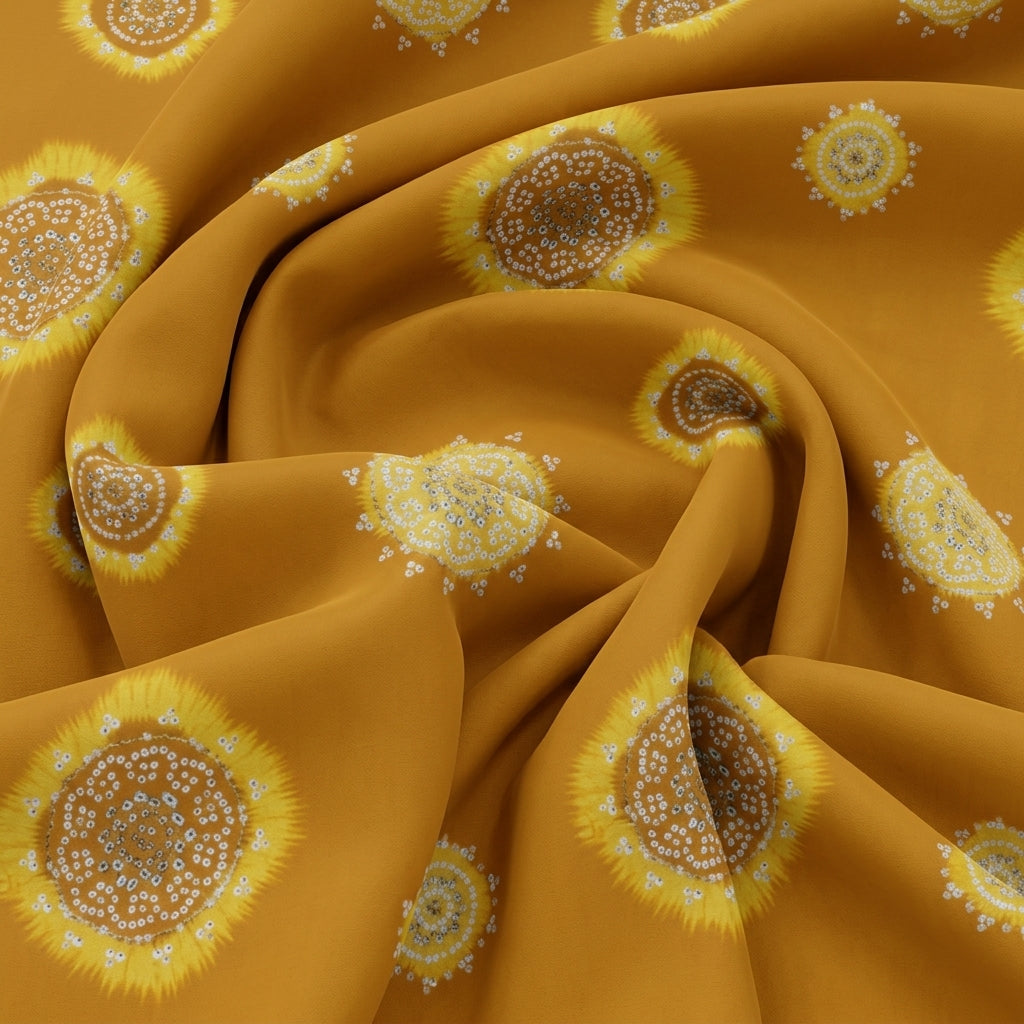 Swirled Foil Print Mustard Yellow Foil Print Rayon Fabric