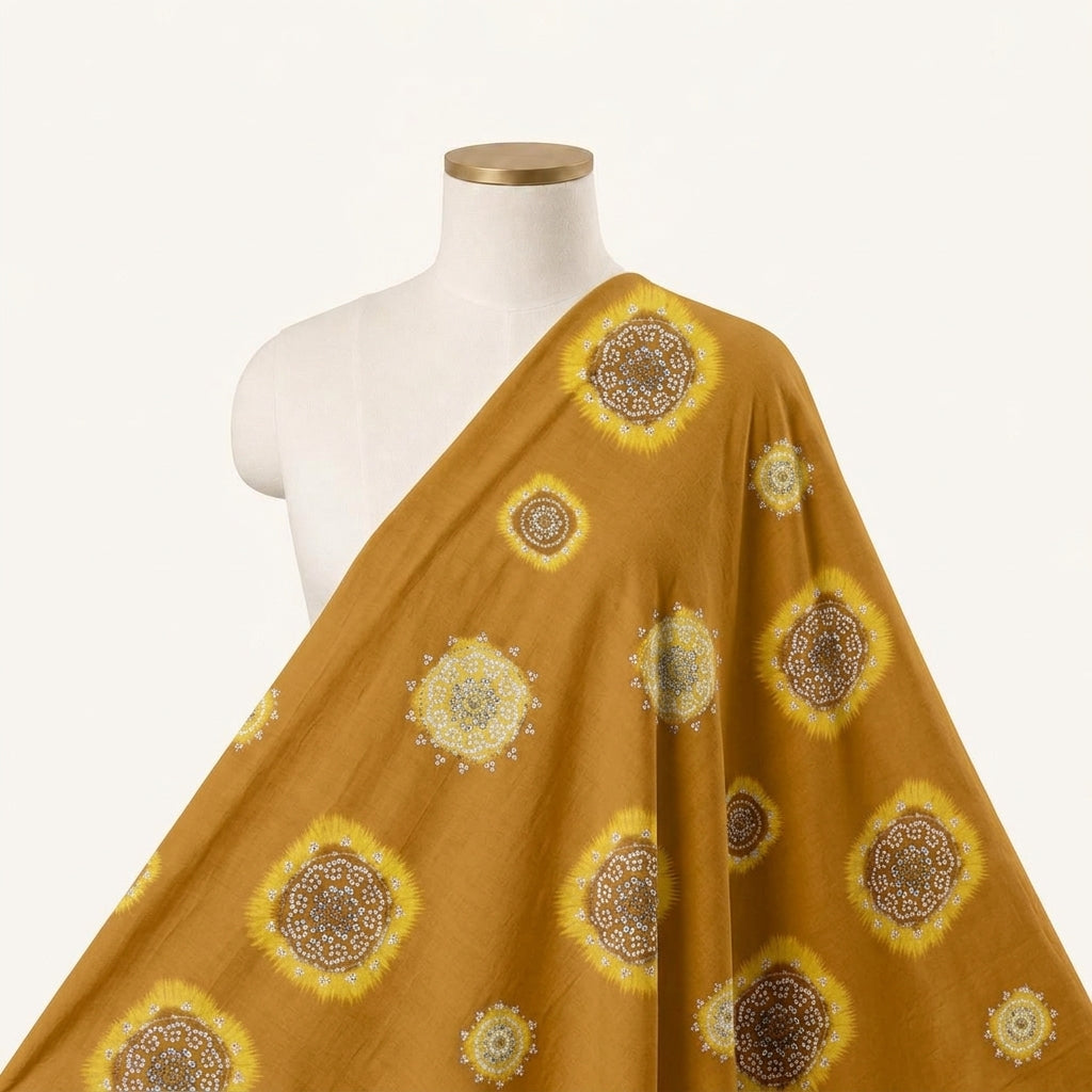 Foil Print Mustard Yellow Foil Print Rayon Fabric Draped as a saree