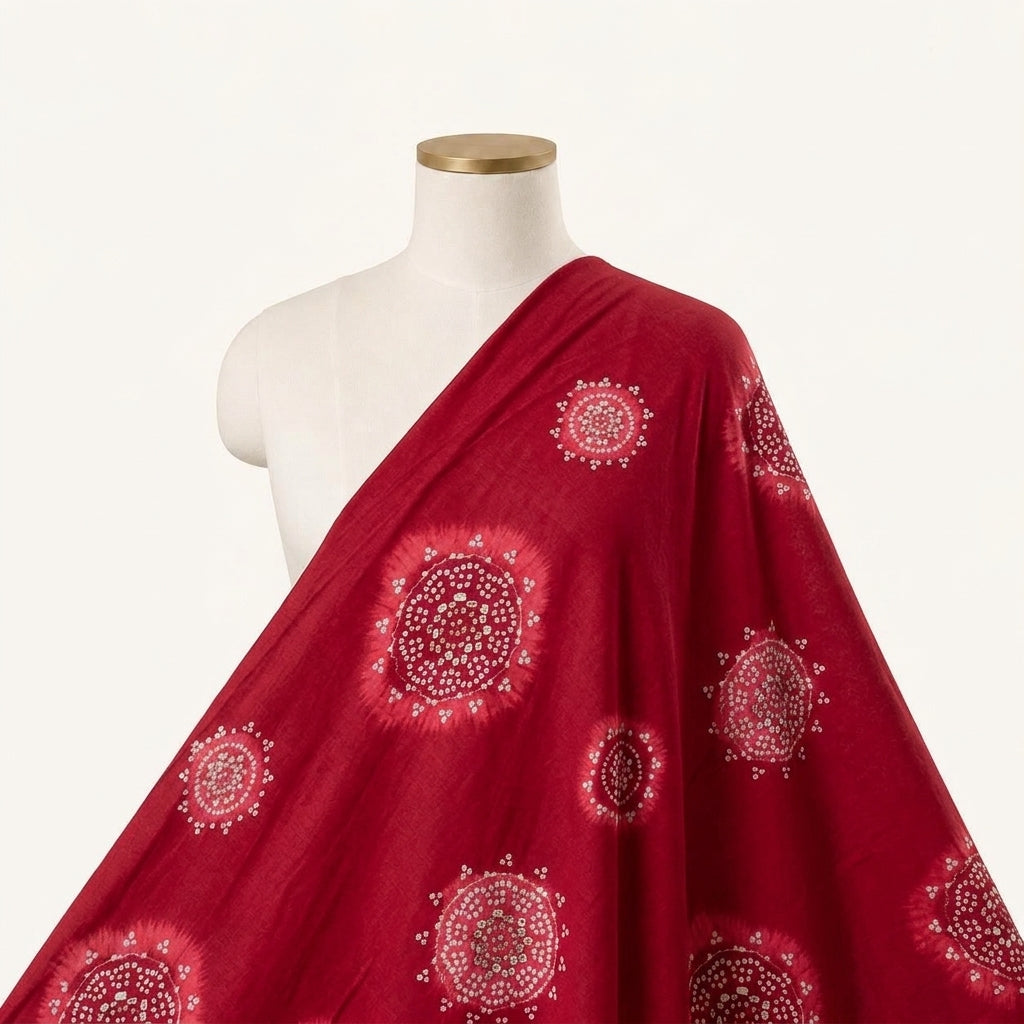 Foil Print Red Foil Print Rayon Fabric Draped as a saree