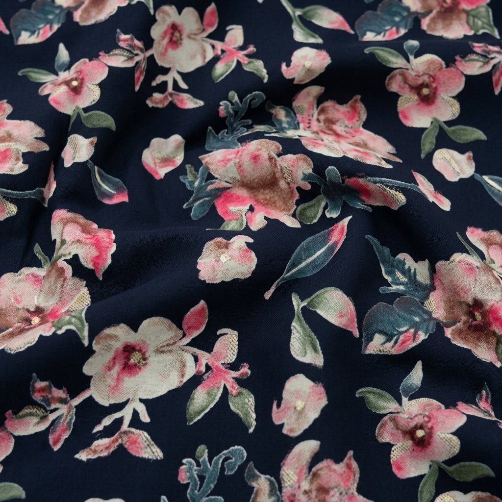Swirled Foil Print Black Foil Print Rayon Fabric