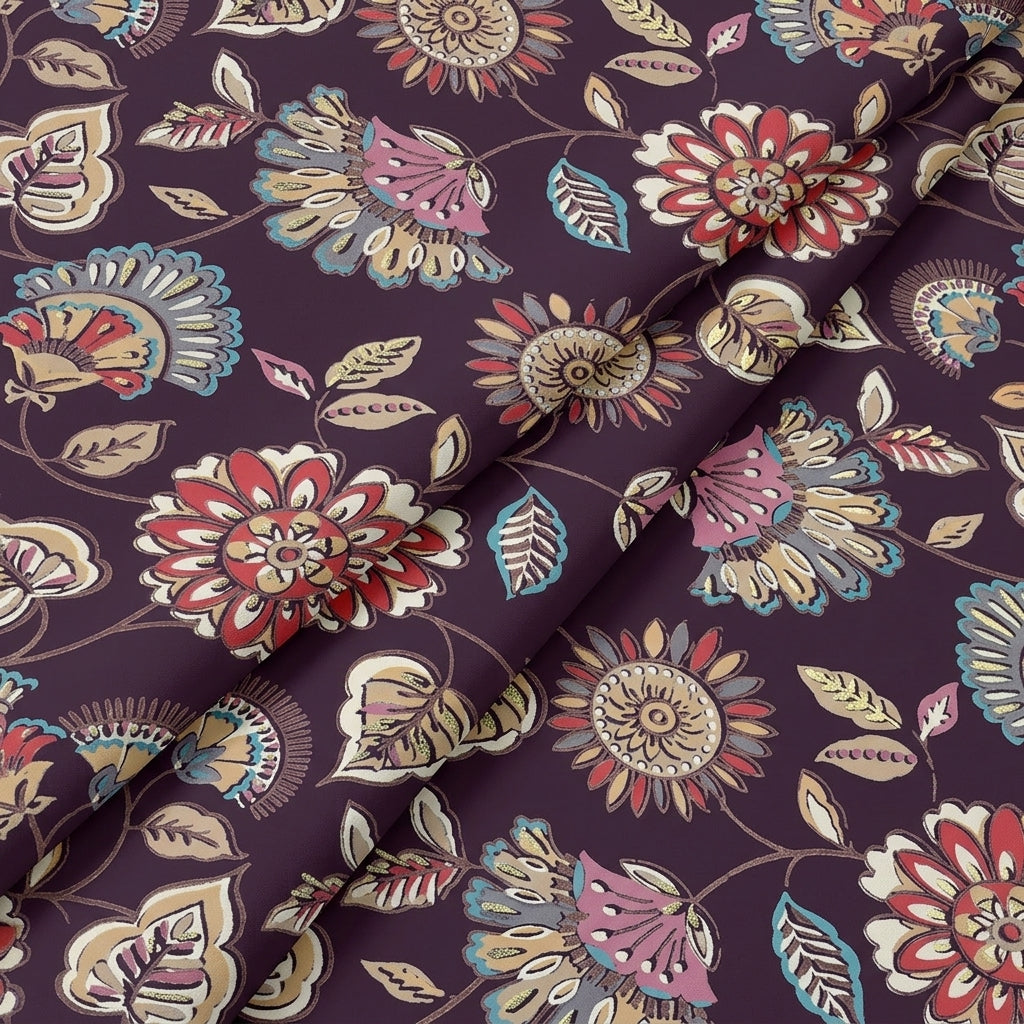 Wine Floral Rayon Fabric - EB13182