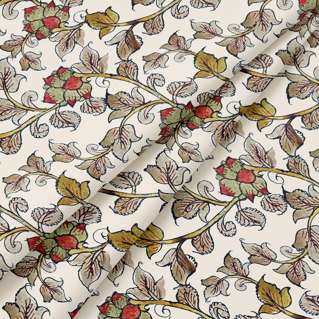 White Floral Satin Fabric - EB13192