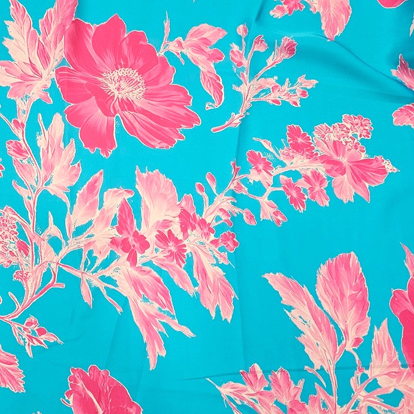 Blue Floral Satin Fabric - EB13194 - EB13194 - Flat fabric