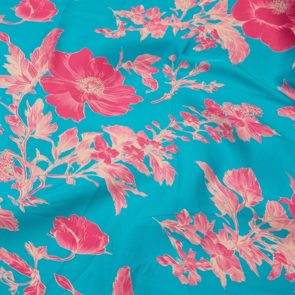 Swirled Floral Blue Floral Satin Fabric