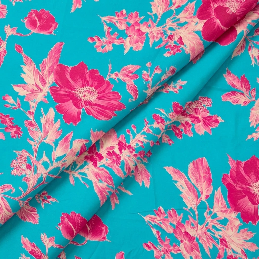 Folded Floral Blue Floral Satin Fabric