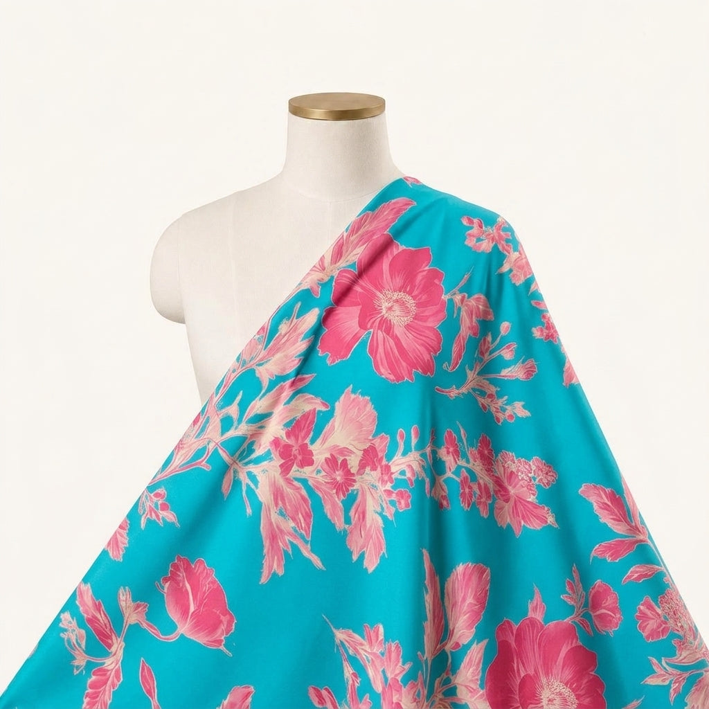 Floral Blue Floral Satin Fabric Draped as a saree