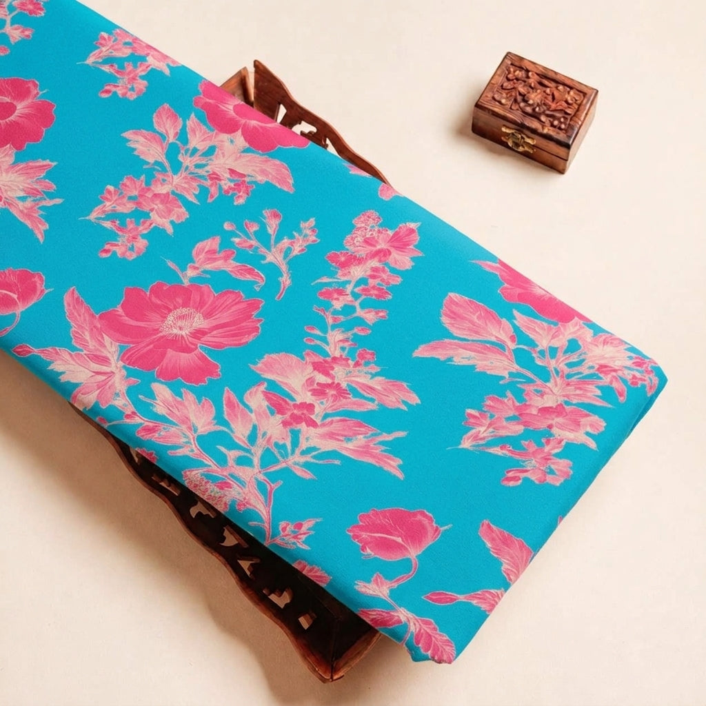 Folded Blue Floral Satin Fabric Highlighting and Texture