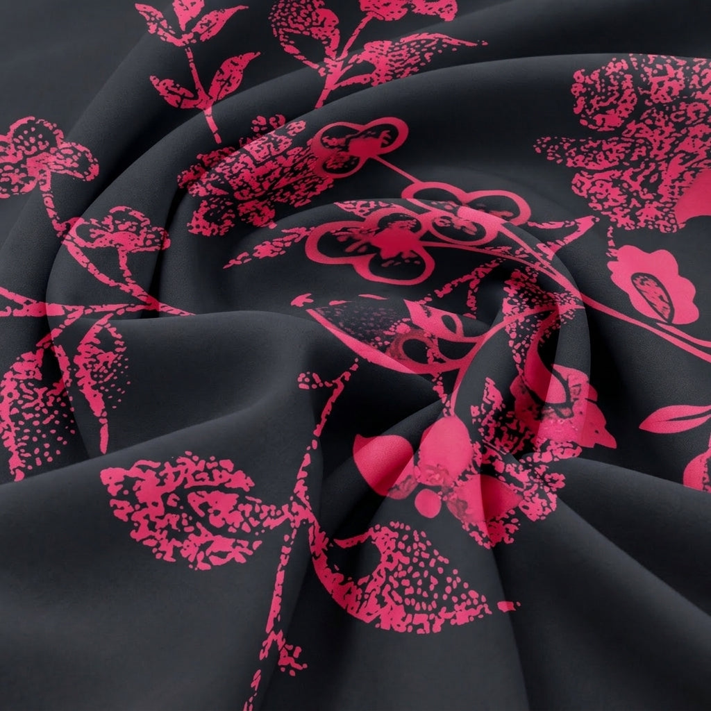 Swirled Black Floral Satin Fabric Showing Drape