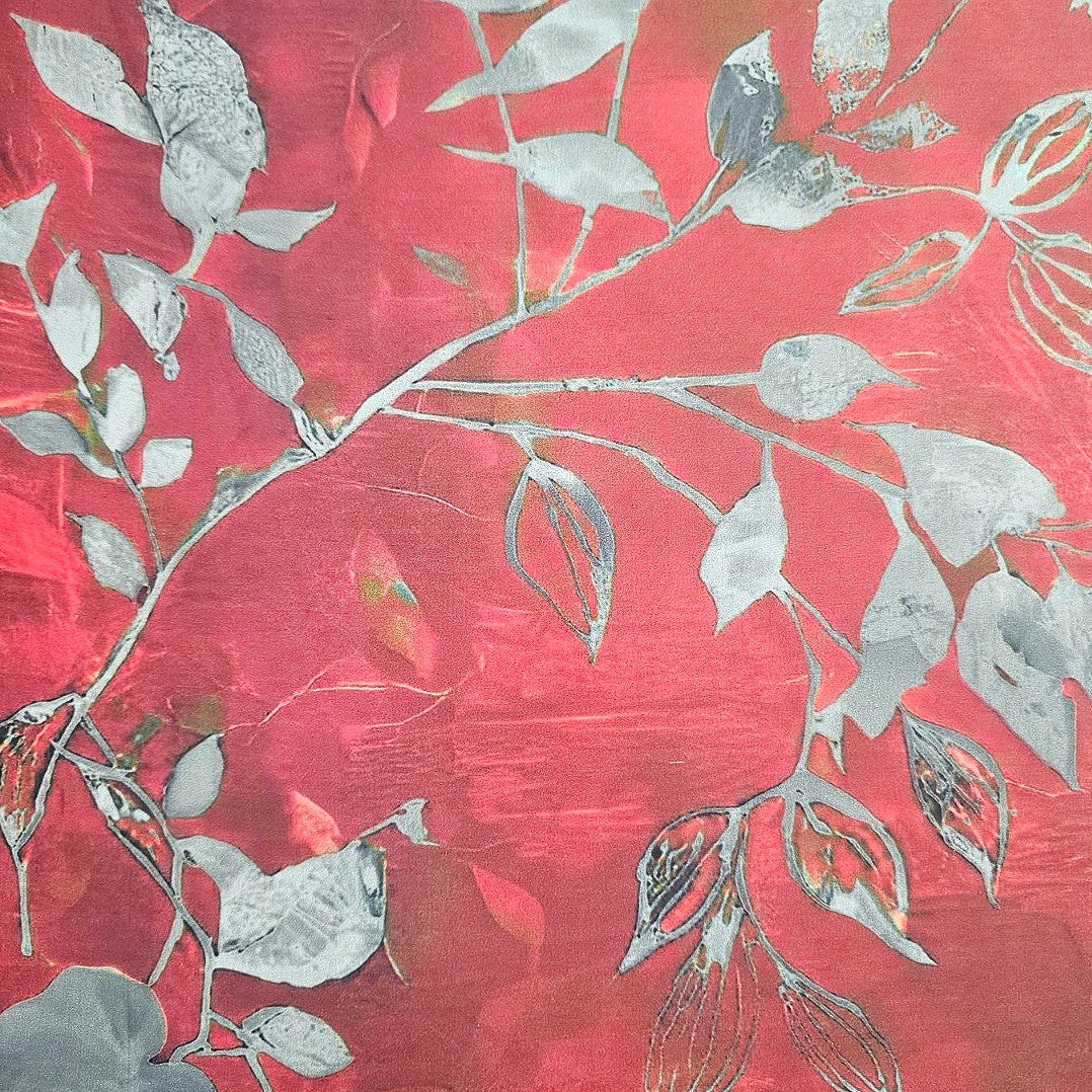 Crimson Leaf Satin Fabric - EB13202