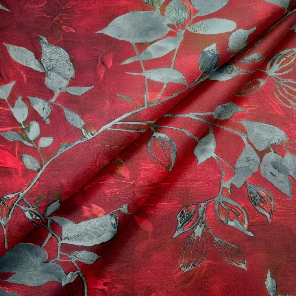 Crimson Leaf Satin Fabric - EB13202