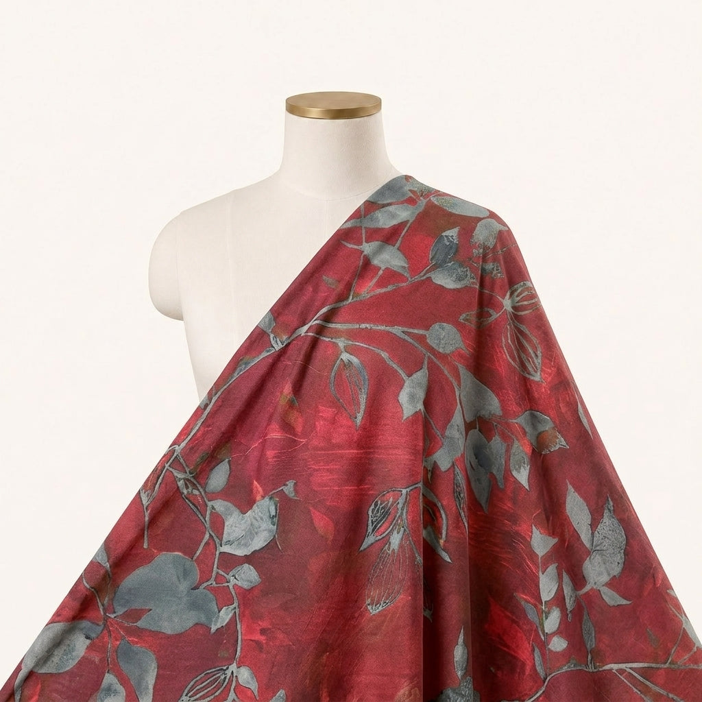 Crimson Leaf Satin Fabric - EB13202
