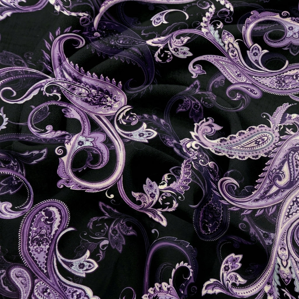 Black Paisley Satin Fabric