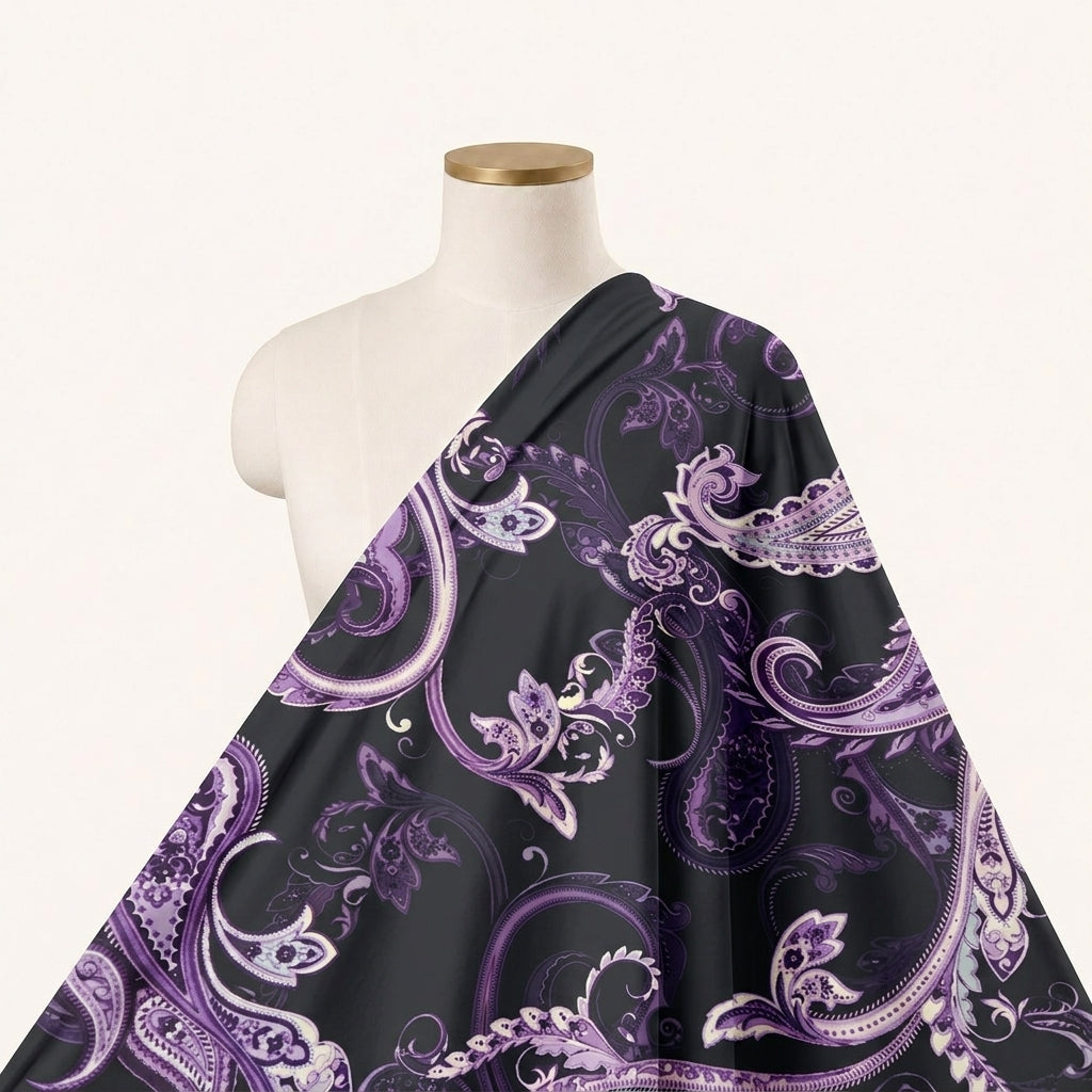 Black Paisley Satin Fabric