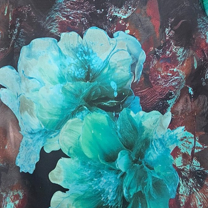 Black Floral Satin Fabric, laid flat