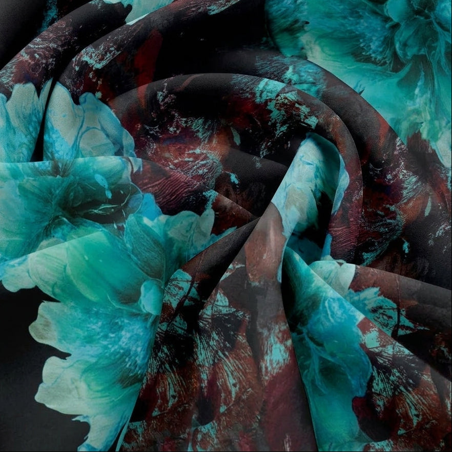 Black Floral Satin Fabric, swirled to show the drape