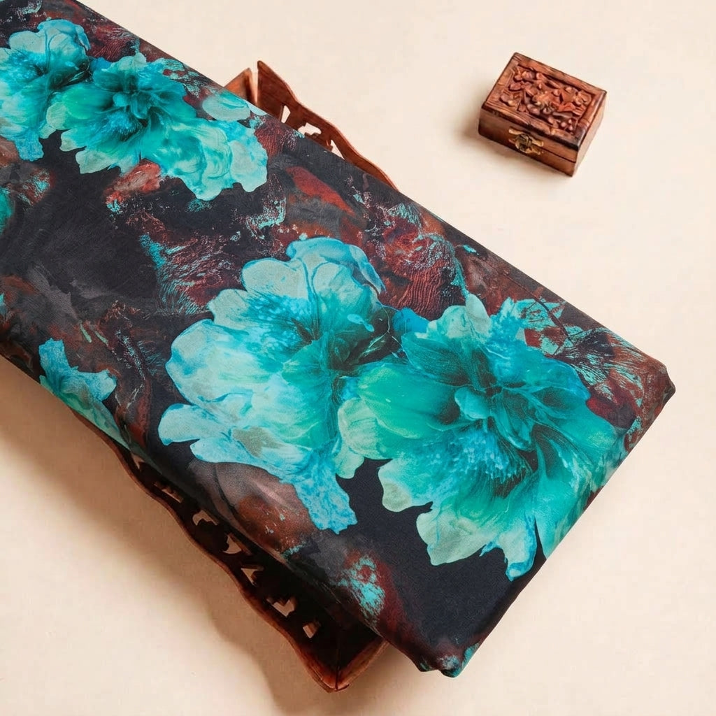 Folded Black Floral Satin Fabric Highlighting Texture